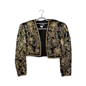 Vintage Julie Duroche Sz 8 Black & Gold Silk Beaded Sequin Evening Jacket Blazer